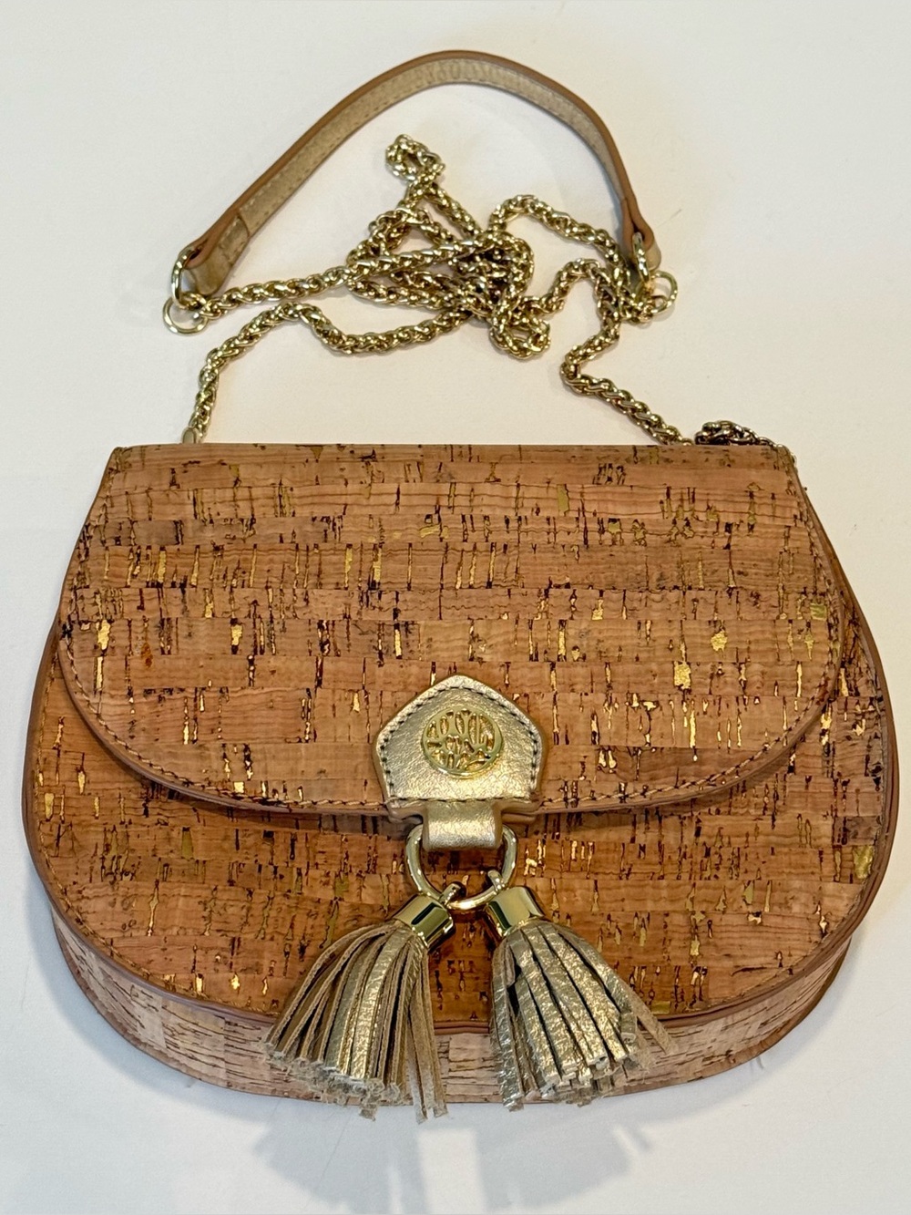 Lilly Pulitzer Sirena Cork Gold Metallic Crossbody Bag Chain Strap & Tassel - Picture 2 of 13